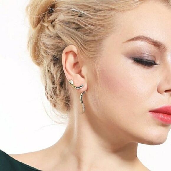 Blue Crystal Snake Vintage Gold Stud Drop Statement Earrings - Picture 4 of 13